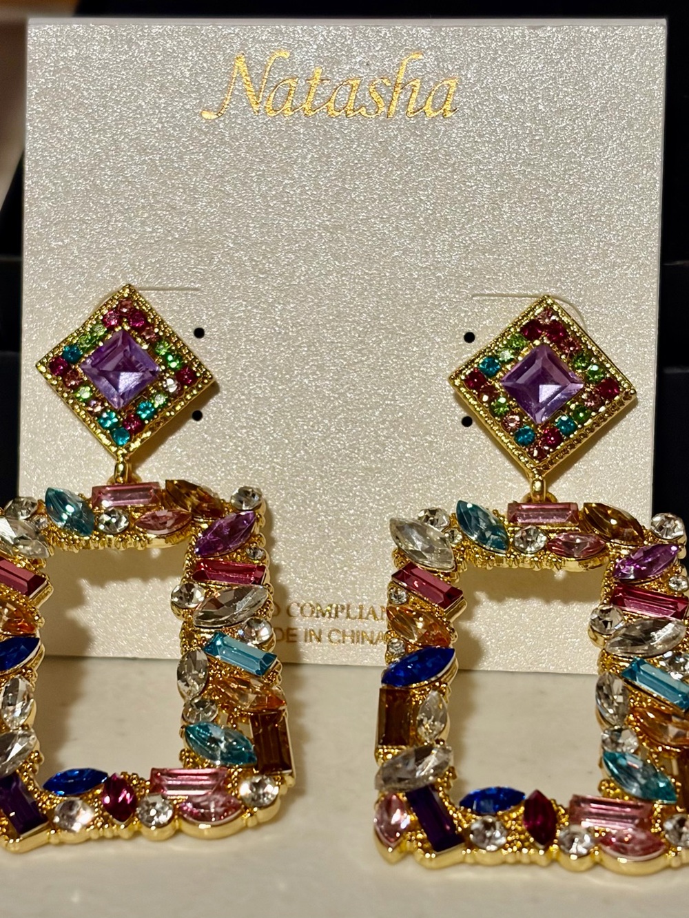 Natasha Couture Multicolor Crystal Drop Earrings in Gold-Tone